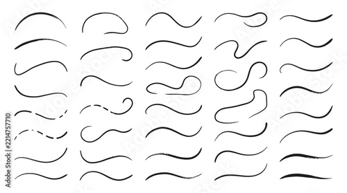 Set of hand-drawn organic curved lines, sketchy ink strokes, flowing waves and minimal underlines