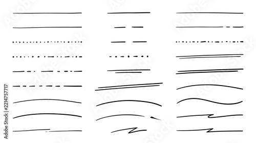 Set of hand-drawn sketch separators, sketchy horizontal lines, divider dashes and minimal strokes