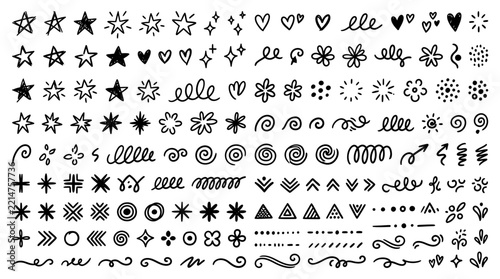 Set of hand-drawn sketchy doodle icons featuring stars, hearts, flowers, spirals, and decorative lines