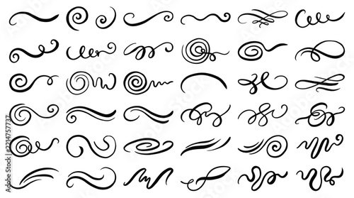 Set of hand-drawn organic line and swirl collection, sketchy ink spirals, decorative curls and flourishes