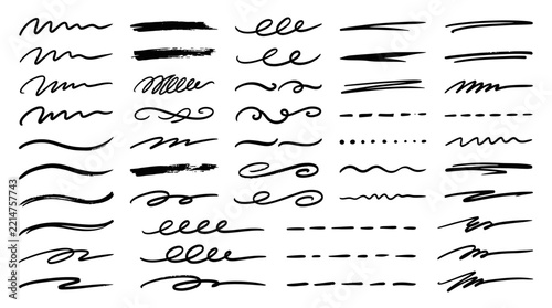 Set of hand-drawn underlines, sketchy ink lines, horizontal dividers and organic strokes