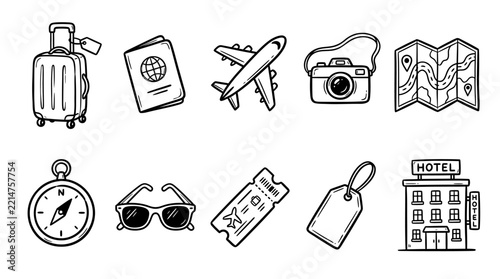 Set of hand-drawn sketchy travel doodle icons featuring suitcase, passport, airplane, camera and map