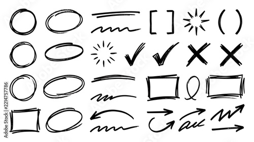 Set of hand-drawn sketchy whiteboard emphasis elements, circles, underlines, arrows and checkmarks