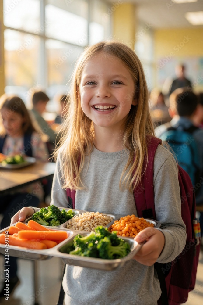 Naklejka premium Smiling young girl holds metal tray with healthy school lunch in cafeteria. Happy student carries meal with broccoli, carrots, grains, corn. Elementary child enjoys nutritious food at school canteen.