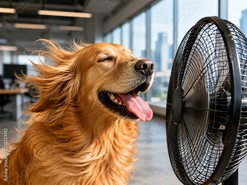 Golden retriever dog cooling with electric fan in modern office, summer heat relief, happy pet enjoying breeze city apartment scene
