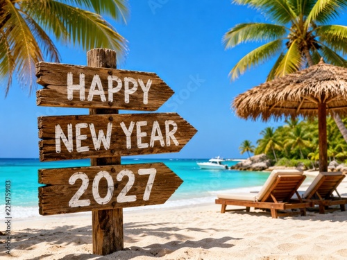 Happy new year 2027 tropical beach wooden sign, palm trees, ocean, vacation paradise, holiday celebration, travel destination, summer escape
