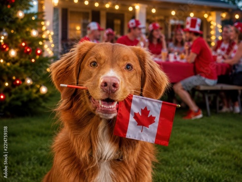 Happy dog holding Canadian flag with Caucasian male and female adults celebrating patriotic party in backyard background