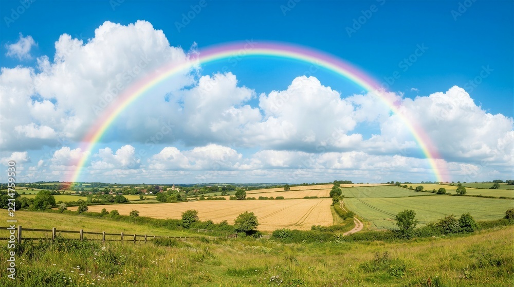 Fototapeta premium Vibrant rainbow arches above rolling green fields. White clouds drift across a brilliant blue sky. Golden harvest fields stretch into the distant horizon