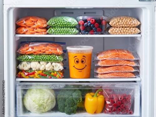 Frozen assorted fruits, vegetables storage in freezer with smiling orange puree container and organized frozen produce meal prep concept