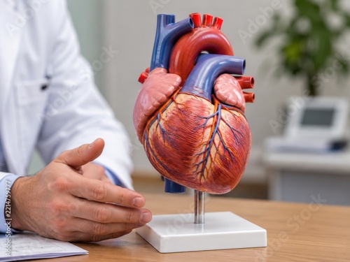 Adult doctor explaining human heart anatomy model during cardiology consultation and medical education session
