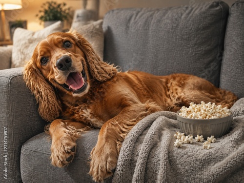 Golden cocker spaniel dog relaxing on sofa with popcorn