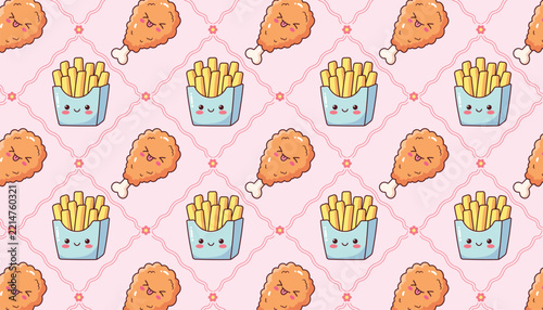 Fried Chicken and French Fries Seamless Pattern Background