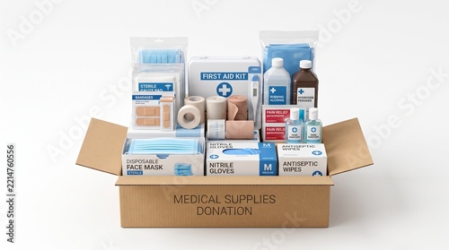 Medical supplies donation box with first aid kit and personal protective equipment
