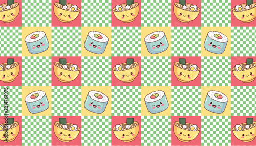 Cute Ramen and Sushi Repeating Pattern Background