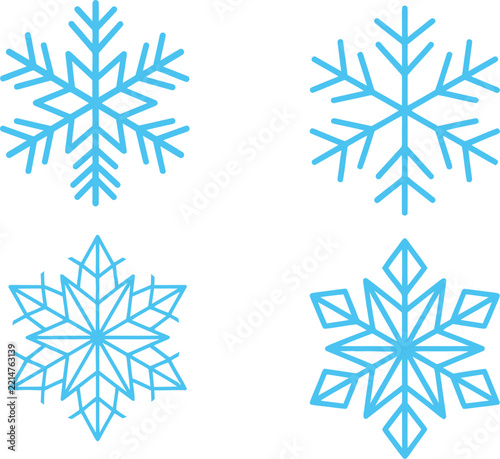 Four blue snowflake icons with geometric symmetry on a white background