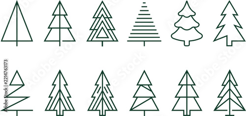 Collection of stylized pine tree icons in a clean graphic design on a white background