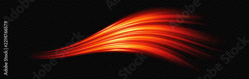 Red speed line light swoosh with orange wave background. Neon glow abstract effect beam curve ray trail. Motion streak vector design for dynamic energy concept.