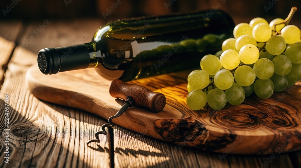 Naklejka premium Green wine bottle, metal corkscrew lie on rustic wooden board. Fresh ripe grapes cluster beside glass container. Still life setup with fruit, alcohol on textured timber table for vineyard harvest