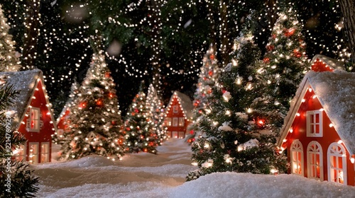 Magical Snowy Village Adorned With Festive Lights in a Winter Wonderland