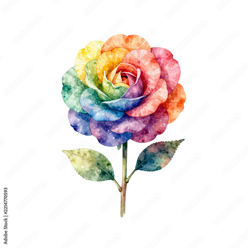 Fototapeta premium Watercolor rose with petals painted in rainbow colors and dewdrops