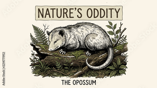 Fotografie Sleeping opossum on a mossy log, with nature's oddity text and forest foliage