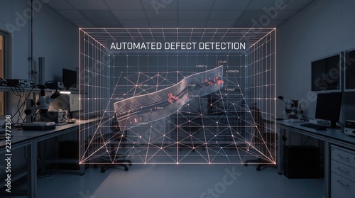 AI-powered automated defect detection system performing quality control on electronics, displayed via advanced holographic projection in a modern tech lab