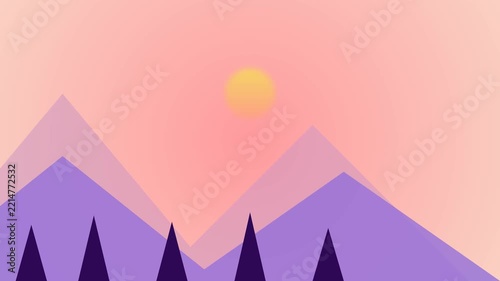 Flat mountain landscape with pine trees beneath a pink sky