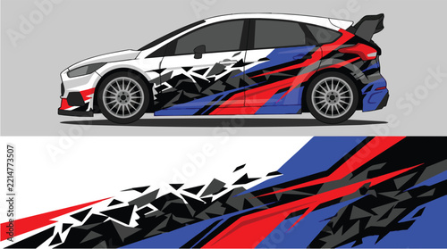 Car Wrap Design with Aggressive Racing Livery in Red Blue Black White