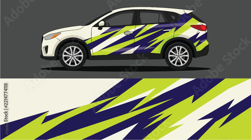 Car Wrap Design with Dynamic Zigzag Decal in Navy Blue and Lime Green