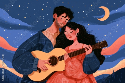 Couple embracing with guitar under starry night sky