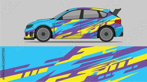 Car Wrap Design with Dynamic Racing Livery in Blue Yellow Purple