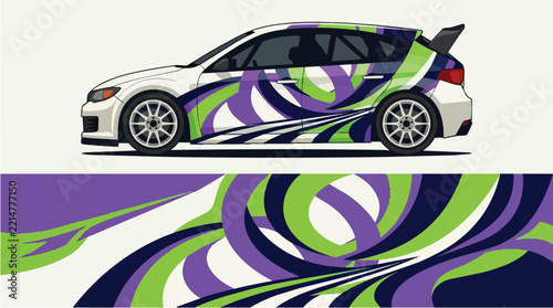Car Wrap Design with Dynamic Racing Livery in Purple Green and Black