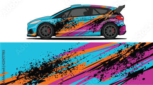 Car Wrap Design with Dynamic Splatter Livery in Blue Orange Pink Black