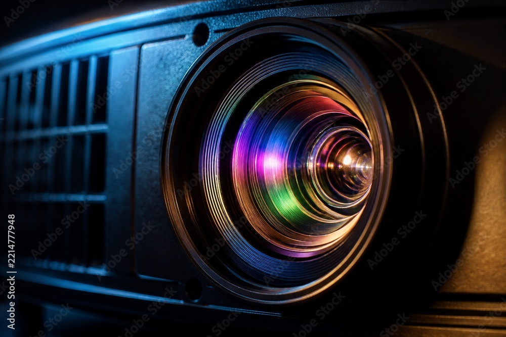 Fototapeta premium Projector lens reflecting multicolor light during presentation in dark room
