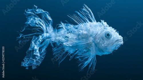 Striking translucent fish sculpture composed entirely of plastic waste, symbolizing marine pollution and environmental concerns