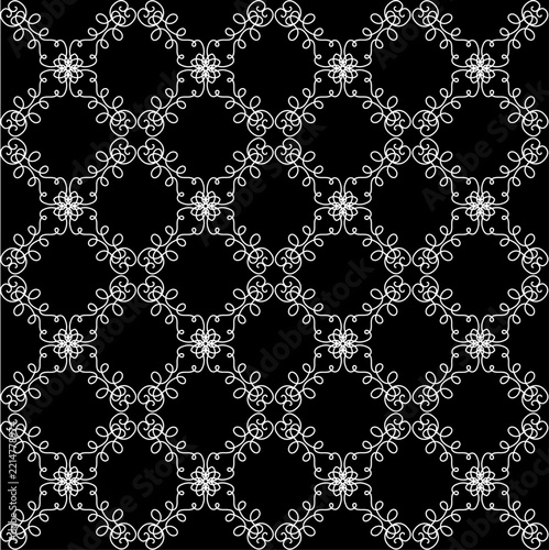 Elegant Vintage Floral Lattice Seamless Pattern with Delicate White Botanical Ornaments on Black Background