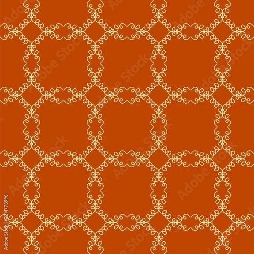 Terracotta Orange Floral Trellis Seamless Pattern with Fine White Botanical Ornaments for Elegant Textile and Wallpaper Design