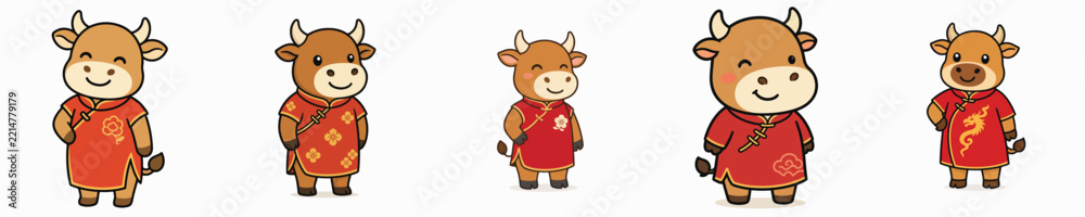 Fototapeta premium A set of cute bull vectors standing and wearing a traditional Chinese cheongsam.