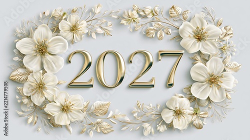 Elegant floral frame encircles shimmering gold numbers indicating a fresh year, symbolizing hope and renewal