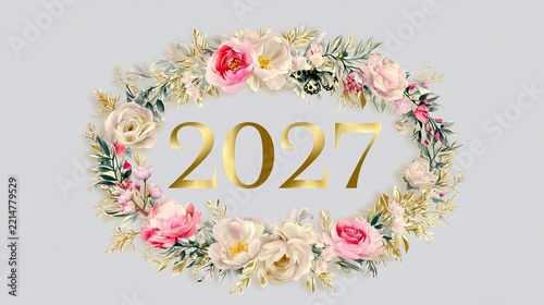 Elegant floral wreath encircles shimmering gold 2027, representing a joyful New Year celebration concept