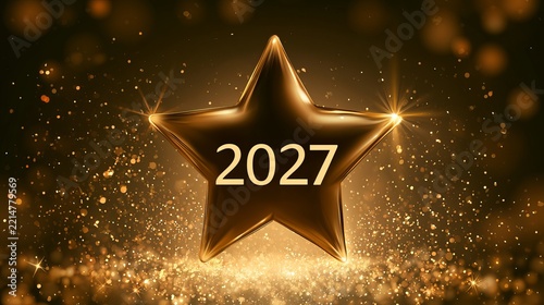 Golden star displaying '2027' rests amidst shimmering bokeh lights, background representing festive achievement and celebration