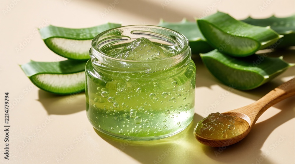 Naklejka premium Fresh aloe vera gel in glass jar with wooden spoon. Sliced green succulent leaves lie on beige background. Natural organic cosmetic product for skin care, wellness, herbal beauty treatment in spa