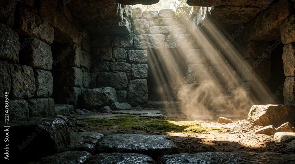 Fototapeta premium Sunlight rays beam through opening in ancient stone dungeon. Dusty light illuminates dark cave chamber with mossy floor, rocky walls. Old medieval ruin interior mysterious atmosphere. Hidden