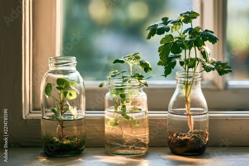 Three miniature plants growing in glass bottles on sunlit windowsill