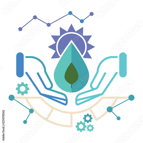 Water Conservation and Environmental Protection Concept with Caring Hands, Water Drop, Leaf and Sun Vector Illustration