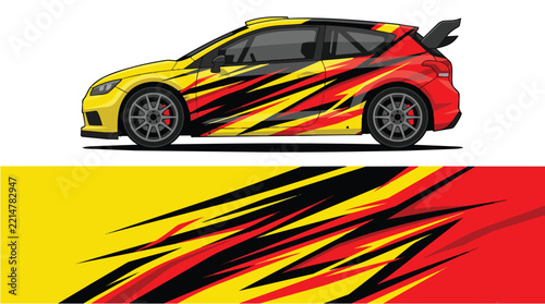 Car Wrap Design with Dynamic Racing Livery in Yellow Red Black