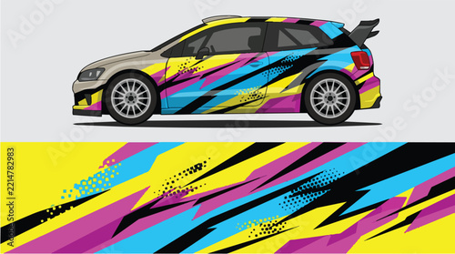 Car Wrap Design with Dynamic Racing Livery in Yellow Pink Blue