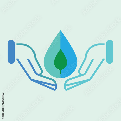 Save Water and Ecology Protection Concept with Human Hands Holding Water Drop and Leaf Vector Illustration.
