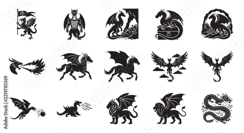 Medieval dragon silhouettes and fantasy creature icons, set of 15 black heraldic monster symbols, winged lion and griffin vector graphics