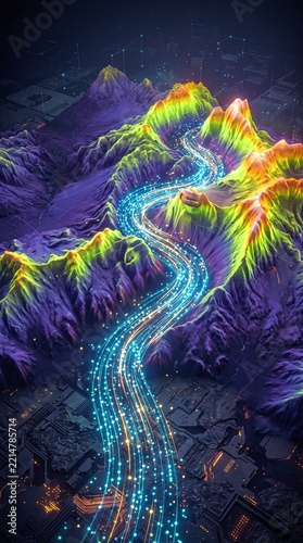 Luminous topographic map rises above dark circuitry, showcasing futuristic mountain terrain relief. Glowing stream winds along canyon, creating awe inspiring digital landscape visualization.